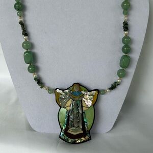 Vintage Lee Sands Angel Necklace- Jade stone and Mother of Pearl